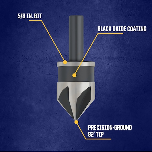 Diagram of a metal drill bit with three labeled features: a 5/8 inch bit, a black oxide coating, and a precision-ground 82 degree tip, shown against a blue textured background.