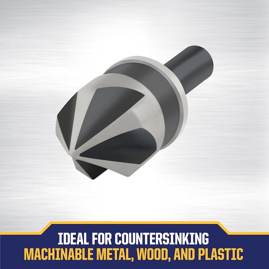 IRWIN countersink tool with a metal cutting head and dark shank, shown against a brushed metal background. Text below reads: Ideal for countersinking machinable metal, wood, and plastic.