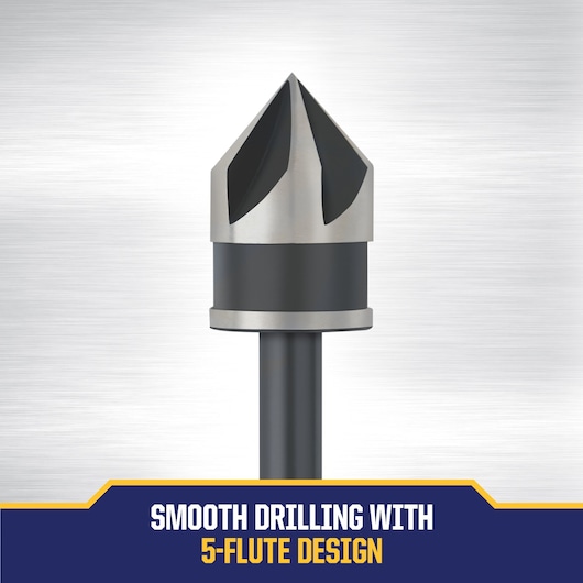 A close-up image of a metal drill bit with a five-flute design, shown against a brushed metal background. Text at the bottom reads: 'Smooth drilling with 5-flute design.'