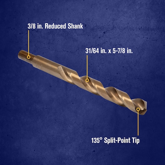 A labeled image of a metal drill bit against a blue background. The labels highlight its features: '3/8 in. Reduced Shank,' '31/64 in. x 5-7/8 in.,' and '135° Split-Point Tip.'