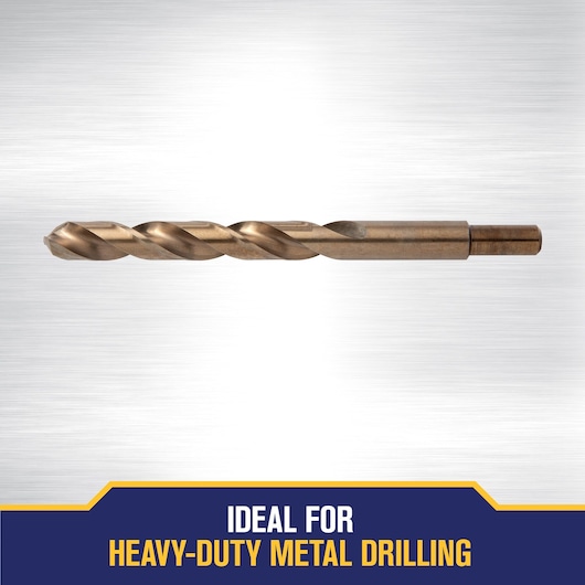 A metal drill bit on a brushed steel background with text stating 'Ideal for heavy-duty metal drilling' at the bottom.