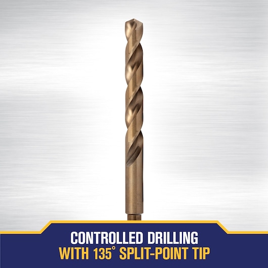 A metal drill bit is shown standing upright against a brushed metal background. Text at the bottom reads: 'Controlled drilling with 135° split-point tip.'
