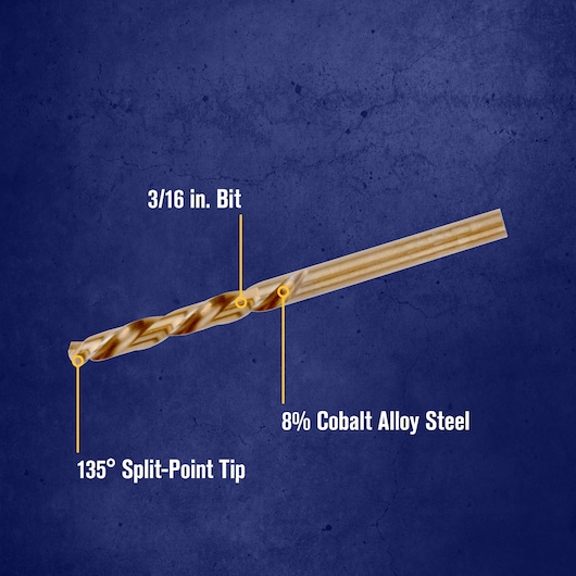 A labeled image of a drill bit against a blue textured background, showing key features: 3/16 inch bit size, 8% cobalt alloy steel construction, and a 135-degree split-point tip.