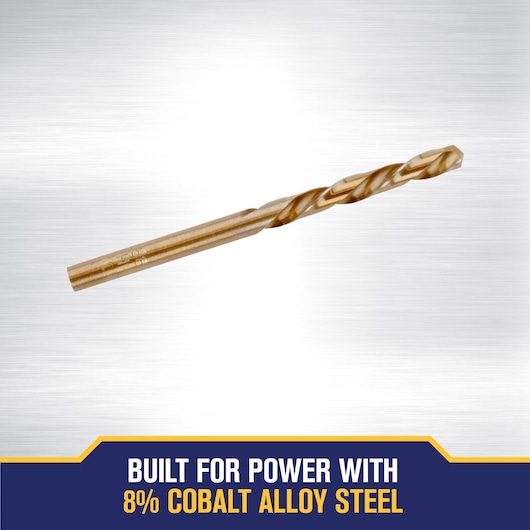 A single gold-colored twist drill bit made from 8% cobalt alloy steel, displayed on a brushed metallic background. The lower part of the image features text stating 'Built for power with 8% cobalt alloy steel.'