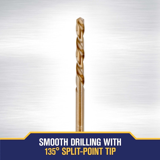 A metallic drill bit with a spiral design is shown standing upright against a brushed steel background. The text at the bottom says 'Smooth drilling with 135° split-point tip.'