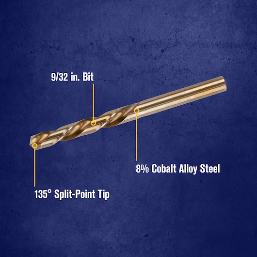 A product image showing a drill bit with annotations. The annotations highlight that the bit is 9/32 inch in size, made of 8% cobalt alloy steel, and features a 135° split-point tip. The drill bit is displayed against a dark blue textured background.