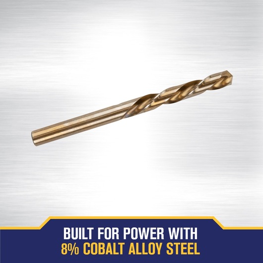 A metallic twist drill bit made from 8% cobalt alloy steel is displayed on a silver brushed background. The text at the bottom states: 'BUILT FOR POWER WITH 8% COBALT ALLOY STEEL.'