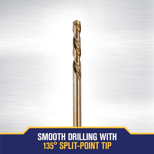 A metal drill bit with a 135° split-point tip is displayed vertically against a brushed steel background. Text at the bottom highlights smooth drilling with the 135° split-point tip.