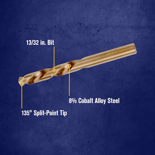 A 13/32 inch drill bit made from 8% cobalt alloy steel with a 135-degree split-point tip, displayed on a blue background with labeled features.