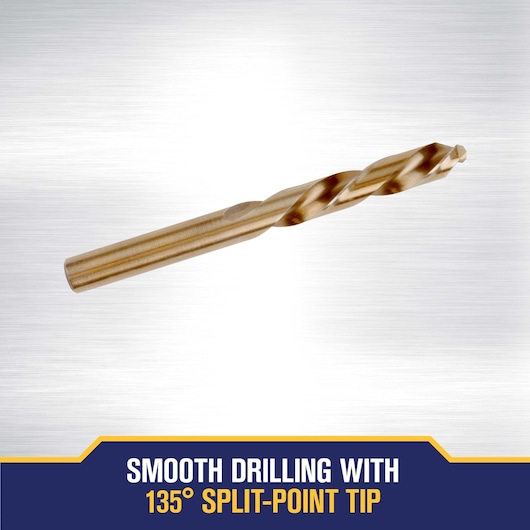A gold-colored drill bit with a 135-degree split-point tip, displayed on a metallic background. Text at the bottom reads: 'Smooth drilling with 135° split-point tip.'