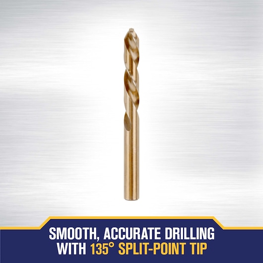 A metal drill bit with a gold finish, featuring a 135-degree split-point tip. The background is silver, and a banner at the bottom reads: 'Smooth, accurate drilling with 135° split-point tip.'