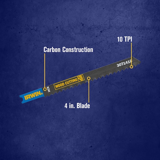 A graphic showing an IRWIN wood cutting saw blade, SKU 3071410. The blade is labeled with key features: carbon construction, 4 inch blade length, and 10 TPI (teeth per inch). The blade has a blue end with the IRWIN logo and 'HCS' marking.