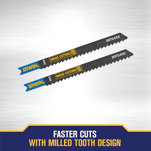 Two IRWIN wood cutting jigsaw blades, model 3071410, with blue and yellow branding and milled tooth design, shown on a metallic background with the text 'FASTER CUTS WITH MILLED TOOTH DESIGN' at the bottom.