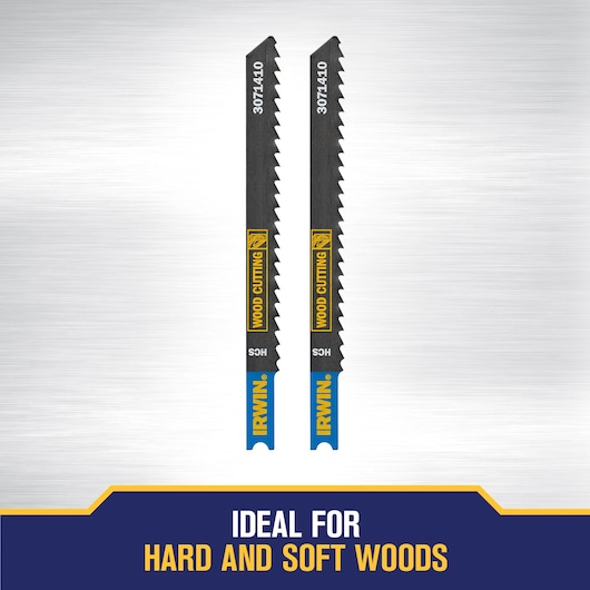 Two IRWIN wood cutting jigsaw blades, model 3071410, designed for hard and soft woods are shown standing upright on a brushed metal background. Text at the bottom states 'Ideal for hard and soft woods.'