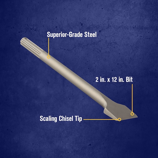 Image of an IRWIN scaling chisel bit made from superior-grade steel. The chisel bit measures 2 inches by 12 inches and features a scaling chisel tip. The background is dark blue.