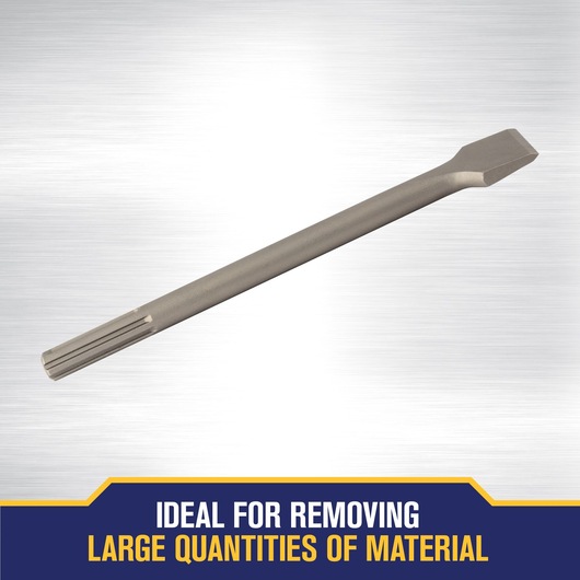 A flat chisel attachment for power tools, designed for heavy-duty material removal, displayed on a metallic background. Text at the bottom reads: 'Ideal for removing large quantities of material.'