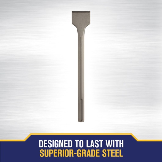 A flat steel chisel tool shown vertically against a brushed metal background, with text stating 'Designed to last with superior-grade steel' at the bottom.