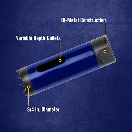 A blue and gray bi-metal hole saw with labeled features: 'Bi-Metal Construction' at the rear, 'Variable Depth Gullets' along the side, and '3/4 in. Diameter' near the toothed cutting edge, shown on a dark textured background.