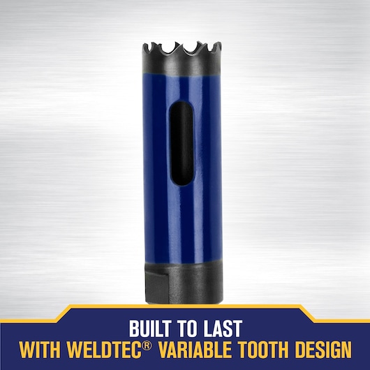 A blue IRWIN hole saw with a variable tooth design, shown upright against a brushed metal background. Text at the bottom reads: 'BUILT TO LAST WITH WELDTEC® VARIABLE TOOTH DESIGN.'