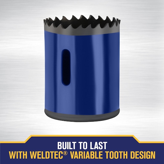 A blue IRWIN hole saw with a variable tooth design, shown upright against a metallic background. Text below reads: 'Built to last with WeldTec variable tooth design.'