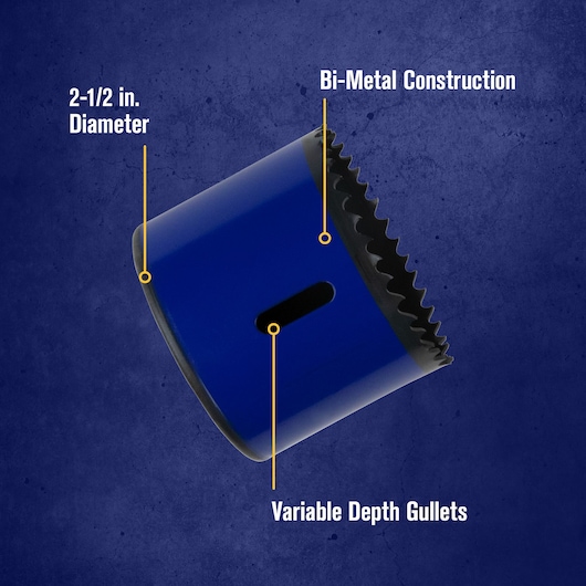 A blue bi-metal hole saw with variable depth gullets, sharp teeth, and a 2-1/2 inch diameter, displayed against a dark blue textured background. Labeled features highlight the bi-metal construction, variable depth gullets, and the diameter size.