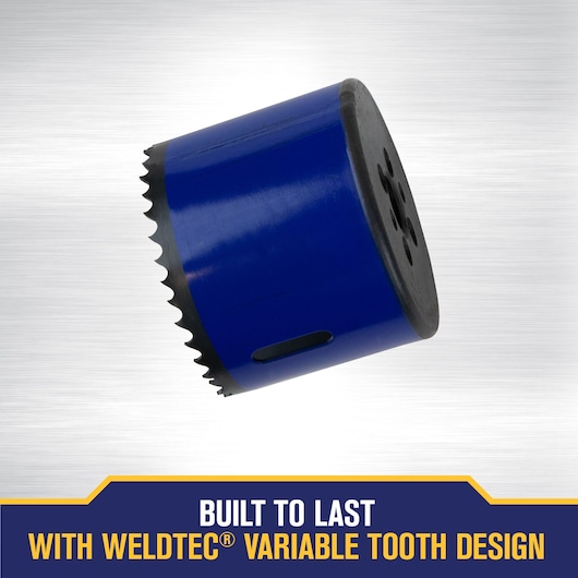 A blue IRWIN hole saw with variable tooth design, displayed against a metallic background. Text below reads: 'Built to last with WeldTec variable tooth design.'