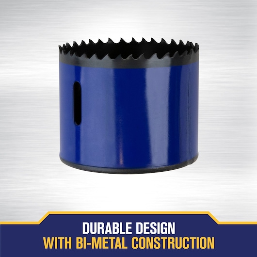 A blue bi-metal hole saw with sharp teeth, displayed on a metallic background. Text at the bottom states: 'Durable design with bi-metal construction.'
