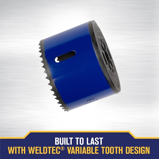 A blue IRWIN hole saw with variable tooth design is shown against a metallic background. The text at the bottom reads 'Built to last with WeldTec variable tooth design.'