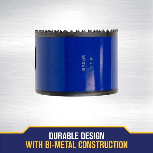 A blue bi-metal hole saw with serrated teeth, designed for durability. The text below highlights its durable design with bi-metal construction.