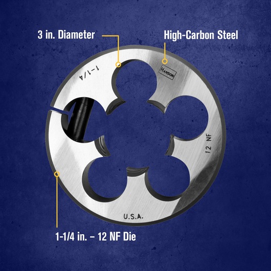 A close-up image of an IRWIN Hanson round threading die made from high-carbon steel, with a 3-inch diameter. The die is labeled '1-1/4 in. – 12 NF Die' and 'U.S.A.', set against a blue textured background.