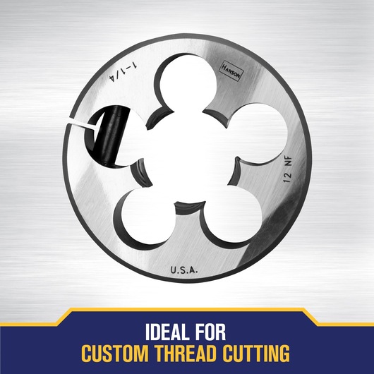 A close-up image of a metal threading die, used for custom thread cutting, with text below indicating that it is ideal for custom thread cutting.