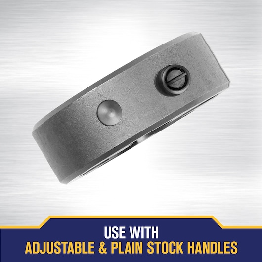 Close-up image of a metal tool attachment with a screw and a button, shown against a brushed metal background. Text reads: 'Use with adjustable & plain stock handles.'