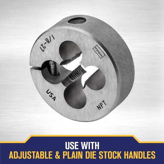 A metal round threading die with engraved markings for size and specifications, shown against a brushed metal background. The text below reads: 'Use with adjustable & plain die stock handles.'