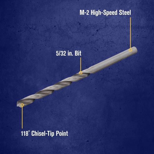 A labeled diagram of a drill bit against a blue background. Labels indicate the bit is 5/32 inch in size, made from M-2 high-speed steel, and has a 118-degree chisel-tip point.