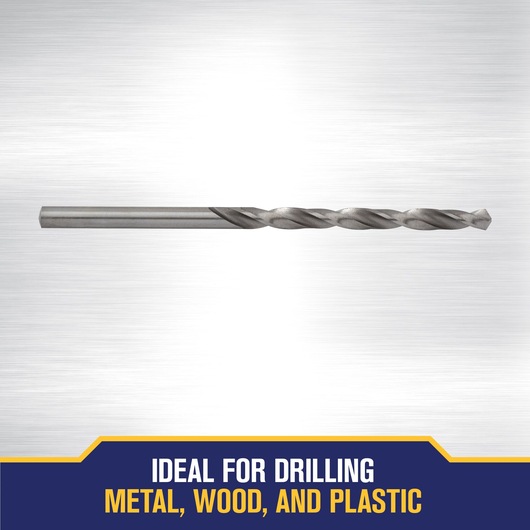 A metal drill bit against a brushed metal background. The text below states, 'Ideal for drilling metal, wood, and plastic.'