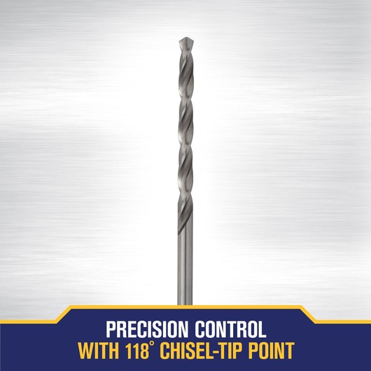 A metal drill bit with spiral flutes is displayed vertically on a brushed metal background. Text at the bottom reads 'Precision control with 118° chisel-tip point.'