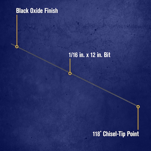 Diagram showing a long drill bit with three labeled features: 'Black Oxide Finish' at one end, '1/16 in. x 12 in. Bit' in the middle, and '118° Chisel-Tip Point' at the tip. The background is dark blue.