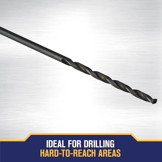 A long, black twist drill bit is shown against a metallic background. Text at the bottom states it is ideal for drilling hard-to-reach areas.