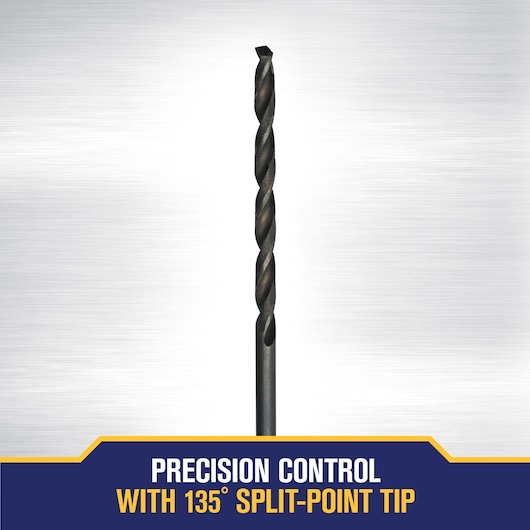 A close-up image of a drill bit with a 135-degree split-point tip, shown against a metallic background. The text on the image emphasizes precision control with this tip.