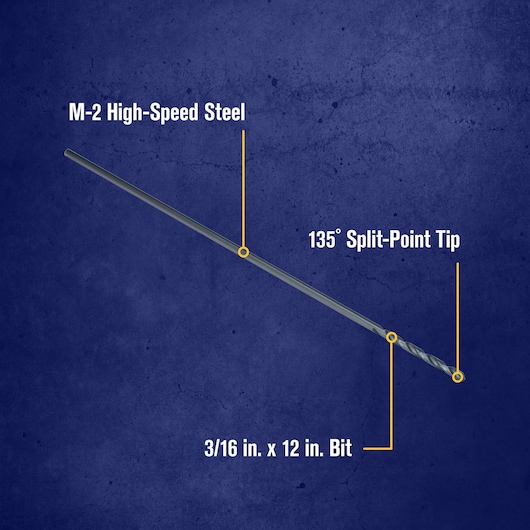 A labeled diagram of a drill bit featuring M-2 high-speed steel, a 135-degree split-point tip, and dimensions of 3/16 inch by 12 inch bit, displayed on a blue textured background.