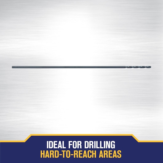 A long, thin drill bit against a metallic background. Text below reads: 'Ideal for drilling hard-to-reach areas.'