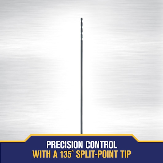 A single IRWIN drill bit with a 135-degree split-point tip, shown vertically against a brushed metal background. Text at the bottom reads 'Precision control with a 135° split-point tip'.