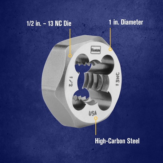 A close-up image of an IRWIN high-carbon steel die, labeled with specifications: 1/2 inch – 13 NC threading, 1 inch diameter, and marked 'USA'. The metal die is shown against a blue background.