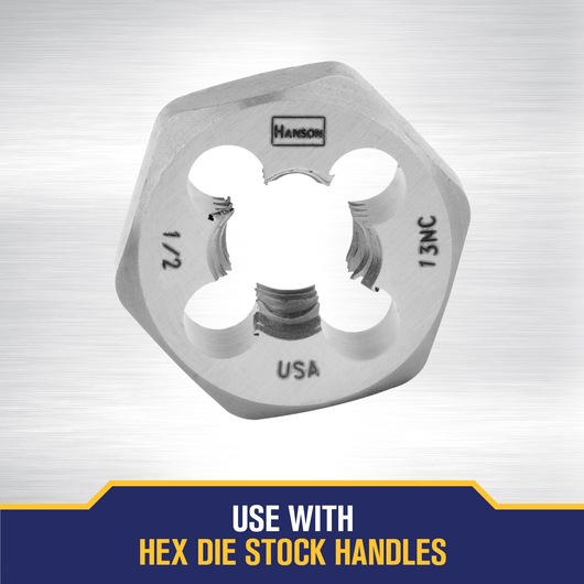 A metal hexagonal threading die from the IRWIN brand, suitable for use with hex die stock handles. The die is marked with specifications and the words 'Hanson' and 'USA'. It is displayed against a brushed metal background with a label at the bottom stating 'Use with hex die stock handles'.