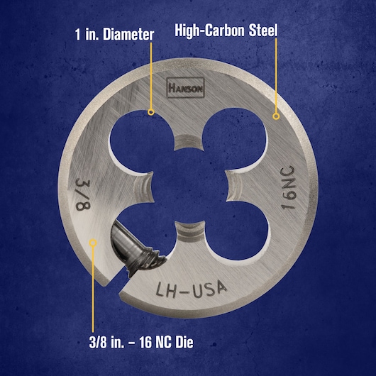 A high-carbon steel die with a 1 inch diameter for threading, labeled 3/8 inch 16 NC, and stamped 'LH-USA' and 'Hanson' on a blue background.