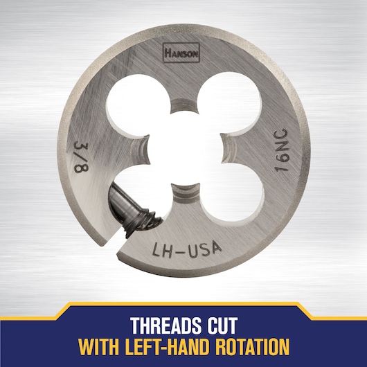 A metal threading die with four openings, labeled HANSON, 3/8, 16NC, and LH-USA, shown on a brushed metal background. The text below reads: 'Threads cut with left-hand rotation.'