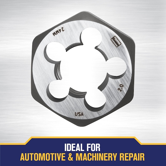 Close-up of a round metal threading die with four large cut-out holes, marked '24MM', '2.0', and 'USA', used for threading bolts. The background includes text stating 'Ideal for Automotive & Machinery Repair'.