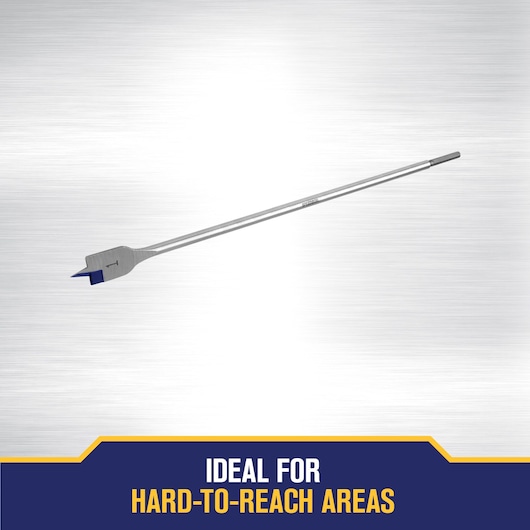 A long, flat spade drill bit with a blue tip, designed for hard-to-reach areas. The background is metallic silver, and there is a text banner at the bottom that reads: 'Ideal for hard-to-reach areas.'