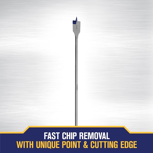 A single IRWIN flat wood drill bit, size 1, with a blue tip, displayed vertically against a brushed metal background. Text at the bottom reads: 'Fast chip removal with unique point & cutting edge.'