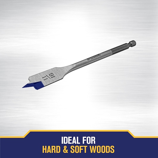 A flat spade drill bit with a blue tip, designed for use on hard and soft woods. The bit is labeled '16' and 'Speedbor.' The background is metallic with text at the bottom that says 'Ideal for hard & soft woods.'